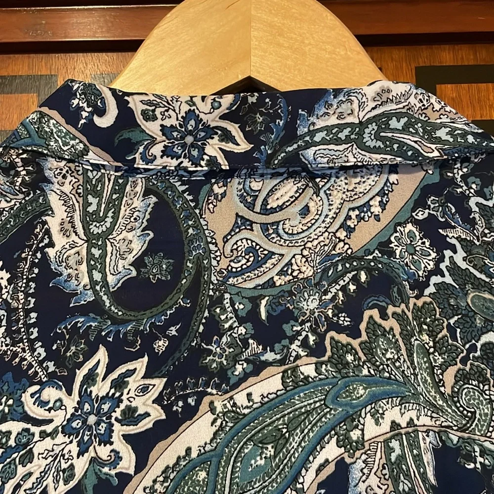 Roz & Ali 1X Paisley Button Down Blouse Blue Green Boho Flowy Women Plus Top - Picture 6 of 14
